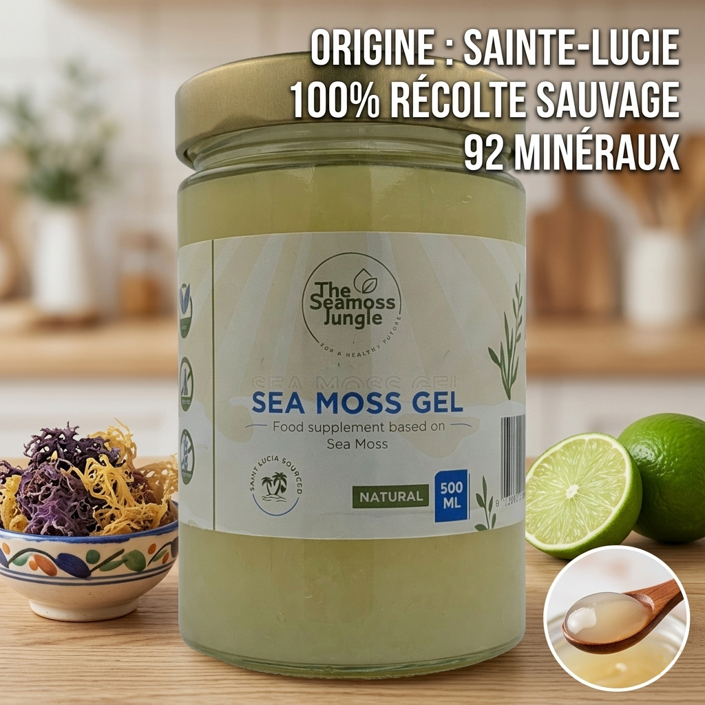 Pot en verre de 500ml de Gel de Sea Moss Naturel par The Seamoss Jungle, complément alimentaire sourcé à Sainte-Lucie.