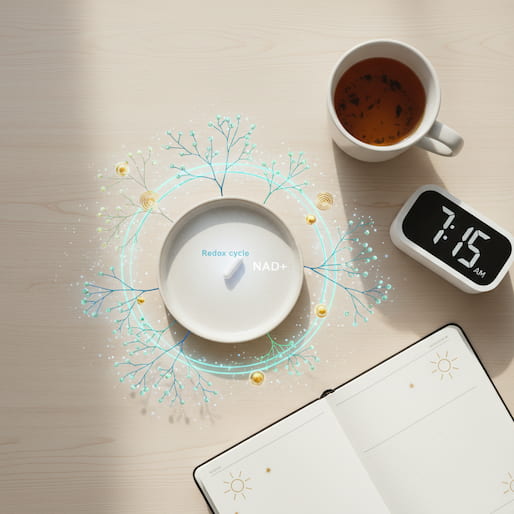 Vue de dessus d'une gélule dans une coupelle entourée d'une illustration graphique lumineuse bleu turquoise symbolisant le cycle Redox du NAD+, posée sur une table en bois à côté d'une tasse de thé, d'un réveil affichant 7h15 et d'un carnet ouvert.