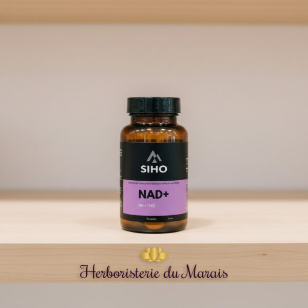precurseur-de-laboratoire Capsules végétariennes translucides contenant des précurseurs NR et TMG dans un flacon ambré pour un protocole quotidien de vitalité cellulaire.