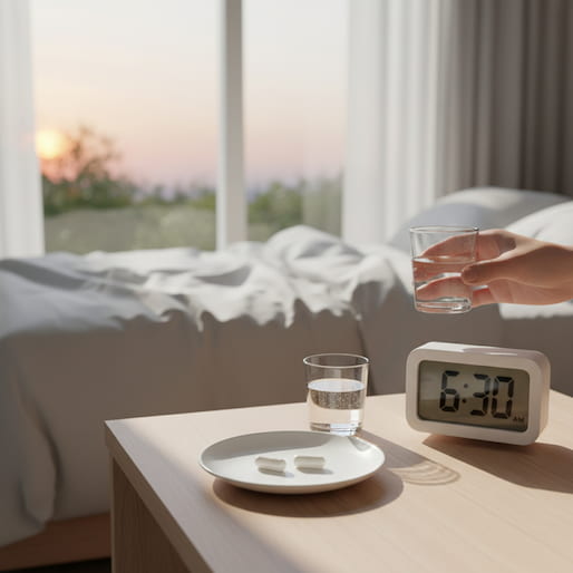 Une main saisit un verre d'eau sur une table de chevet à côté d'un réveil numérique affichant 6h30, de deux gélules blanches posées sur une coupelle et d'un second verre d'eau, avec un lit en arrière-plan éclairé par le lever du soleil.