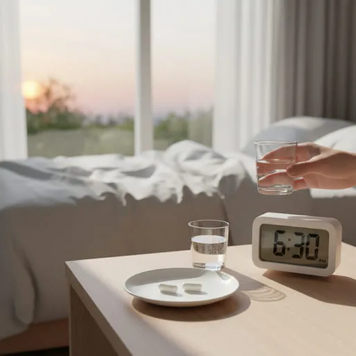 Une main saisit un verre d'eau sur une table de chevet à côté d'un réveil numérique affichant 6h30, de deux gélules blanches posées sur une coupelle et d'un second verre d'eau, avec un lit en arrière-plan éclairé par le lever du soleil.