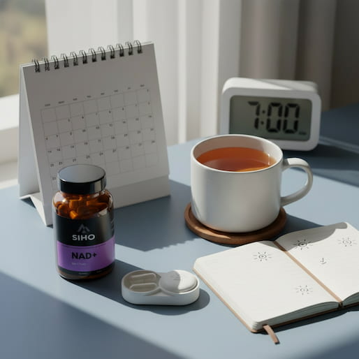 Un flacon de compléments alimentaires NAD+ de la marque SIHO posé sur un bureau bleu à côté d'un pilulier, d'un carnet ouvert, d'une tasse de thé chaud, d'un calendrier de table et d'un réveil indiquant 7h00.