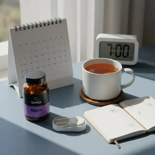 Un flacon de compléments alimentaires NAD+ de la marque SIHO posé sur un bureau bleu à côté d'un pilulier, d'un carnet ouvert, d'une tasse de thé chaud, d'un calendrier de table et d'un réveil indiquant 7h00.