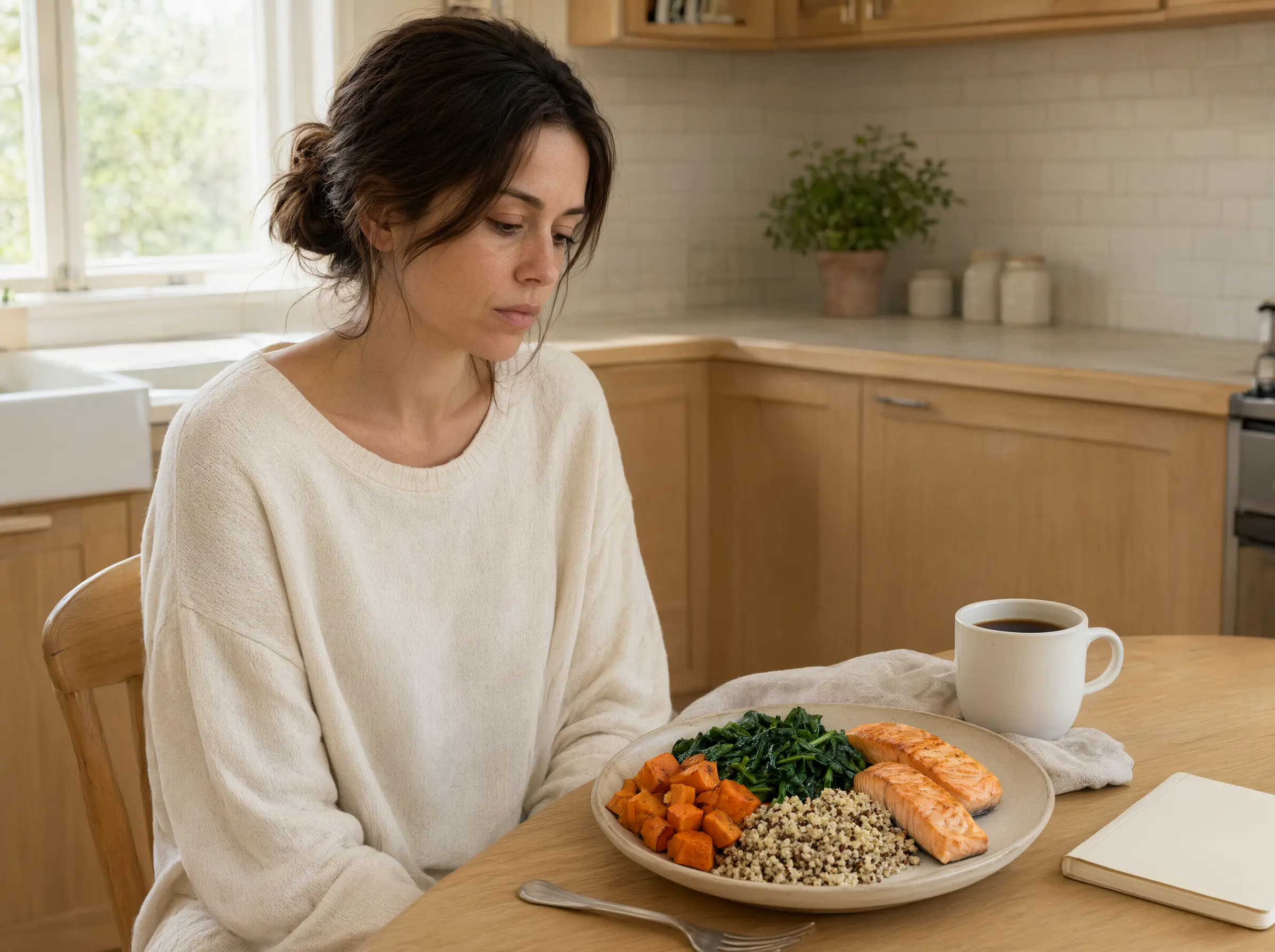 Une personne devant une assiette équilibrée et variée, un matin calme : manger sain ne suffit pas toujours à éviter la fatigue — comment vérifier ses apports en oligo-éléments.