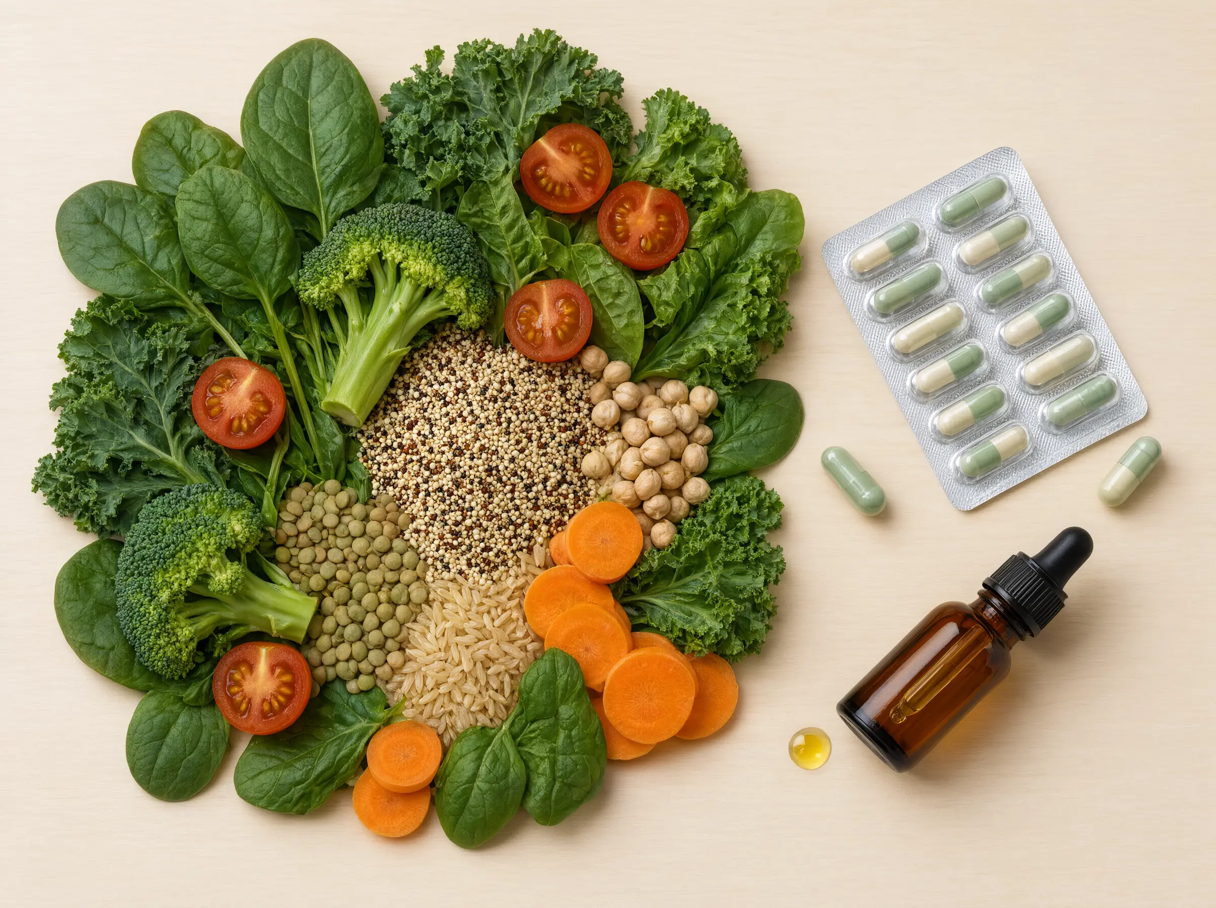 Options pour un apport en oligo-éléments : une alimentation variée, des gélules et des gouttes — présentées à parts égales, sans en favoriser aucune.