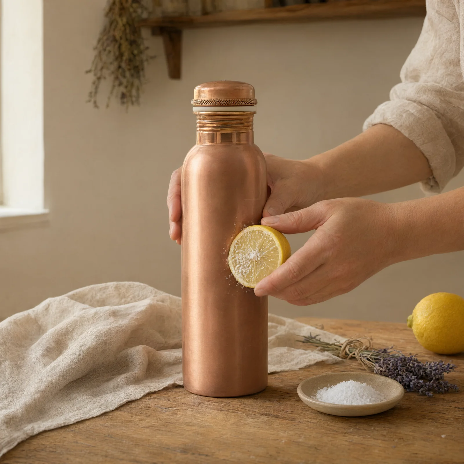 Frottement d'un demi-citron sur la gourde en cuivre saupoudrée de sel (illustration)