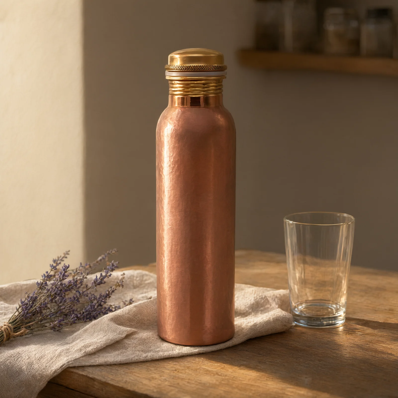 Gourde en cuivre nettoyée et séchée, à côté d'un verre (illustration)