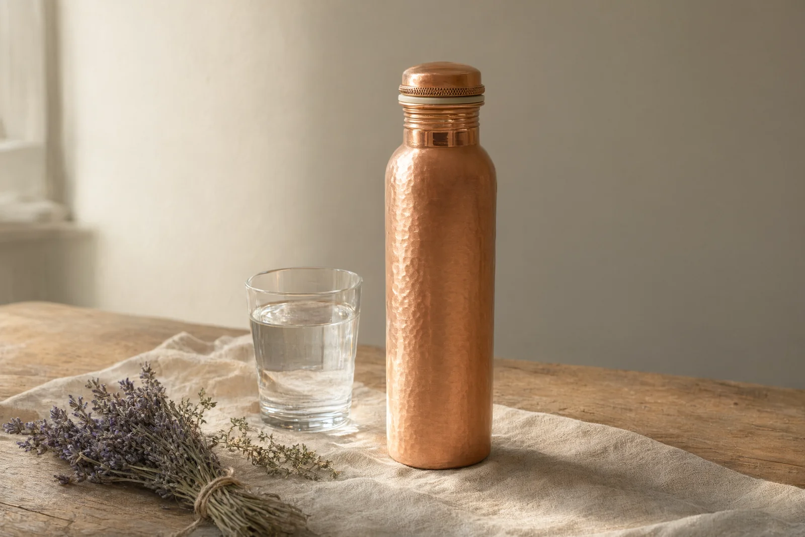 Transvasement de l'eau de la gourde en cuivre vers un verre au réveil (illustration)